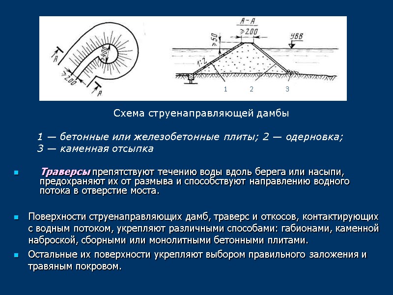 Траверсы препятствуют течению воды вдоль берега или насыпи, предохраняют их от размыва и способствуют